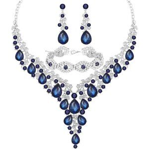 🆕Women Blue Crystal Jewelry Statement Choker Necklace Earrings Bracelets Set